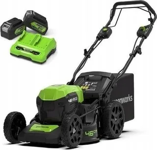 Greenworks 2x24-V-Akku-Rasenmäher mit 46-cm-Mähwerk G24X2LM46SPK4X – Set mit Dual-Ladegerät + 2 Akkus à 4 Ah