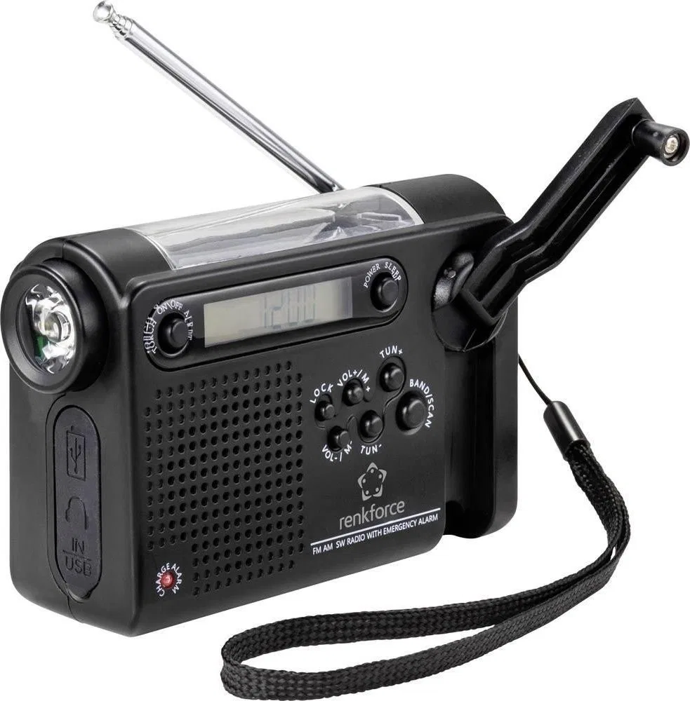 Renkforce RF-CR-200 Baustellenradio – UKW, MW, KW, wiederaufladbar, Solarpanel, Handkurbel, Weckfunktion, Tasche