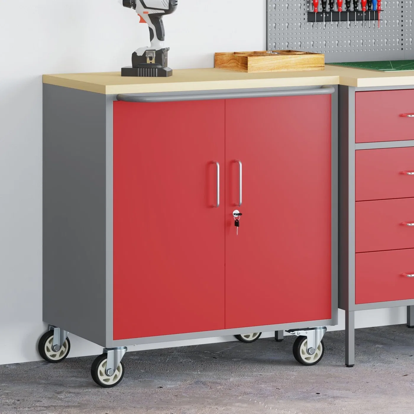 Werkzeugschrank auf Rollen mit Schloss, rot, 75 x 45 x 85 cm, aus Stahl