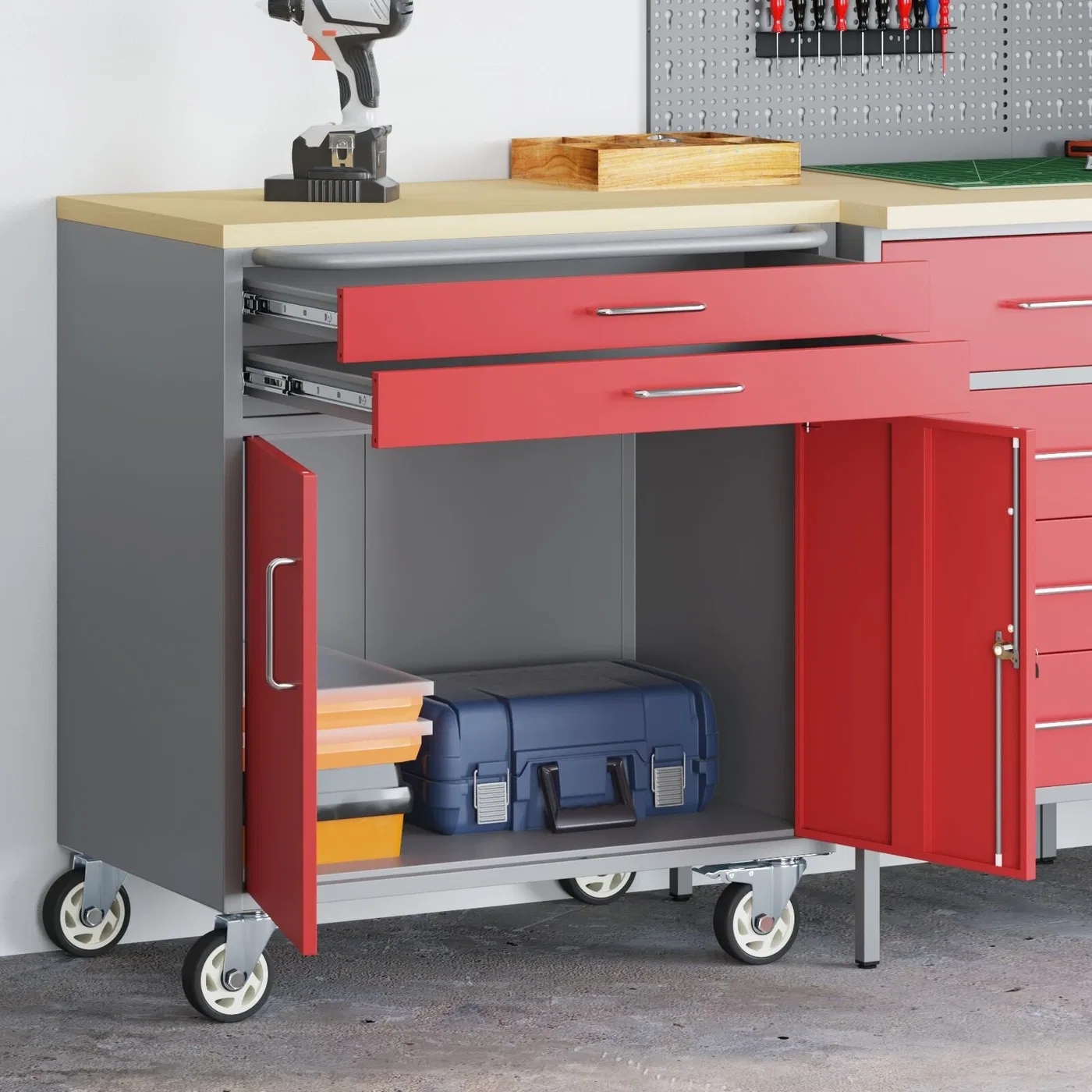 vidaXL Werkzeugschrank mit Rollen, abschließbar, rot, 75 x 45 x 85 cm, Stahl