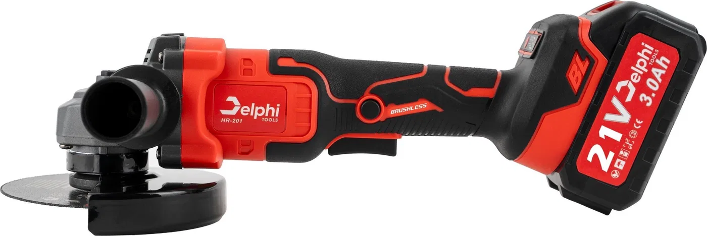 Schleifmaschine von Delphi Tools – bürstenloser Akku-Winkelschleifer mit Gummipolster, 2 Akkus