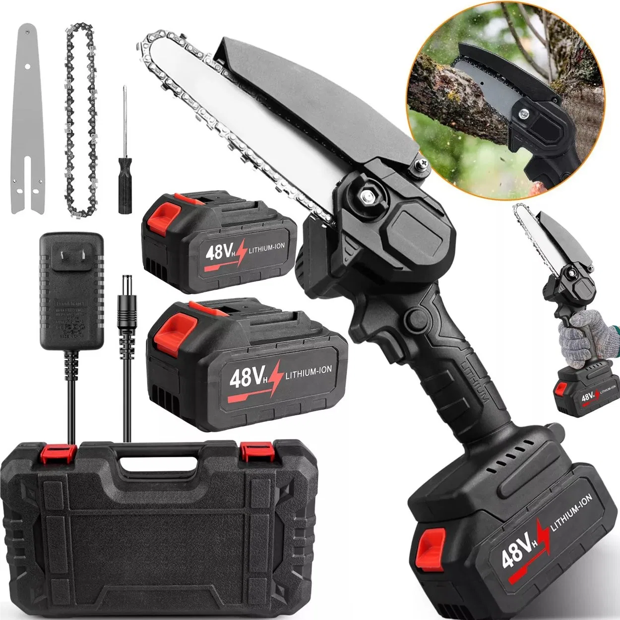 Akku-Kettensäge 6 Mini-Astschneider 850 W, 2 Akkus, Kette