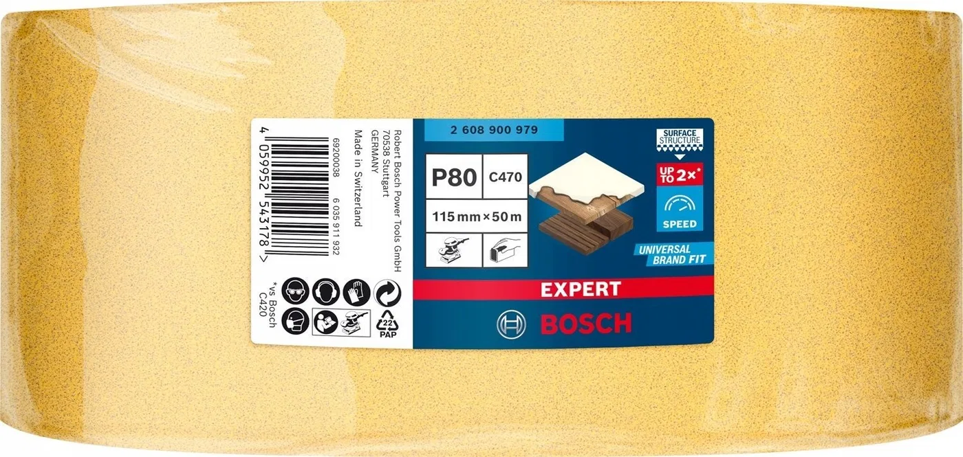 Schleifpapier Bosch Expert C470, 115 mm, K100 (50-Meter-Rolle, für Exzenterschleifer, zum Handschleifen)