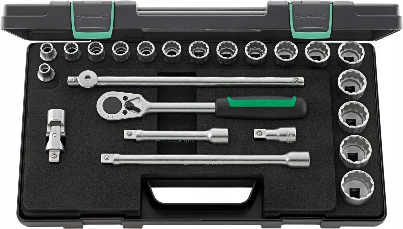Stahlwille-Werkzeugset 1/2" 23-teilig (17 Zoll-Steckschlüsseleinsätze mit 12-Kant, Ratsche, 3 Verlängerungen, Drehknopf, Gelenk)