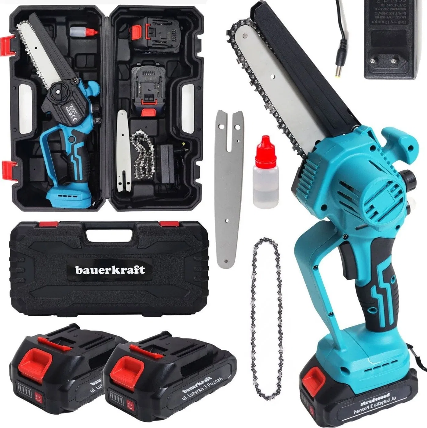 Akku-Kettensäge, Mini-Handkettensäge, bürstenloser Motor, 21 V + Koffer