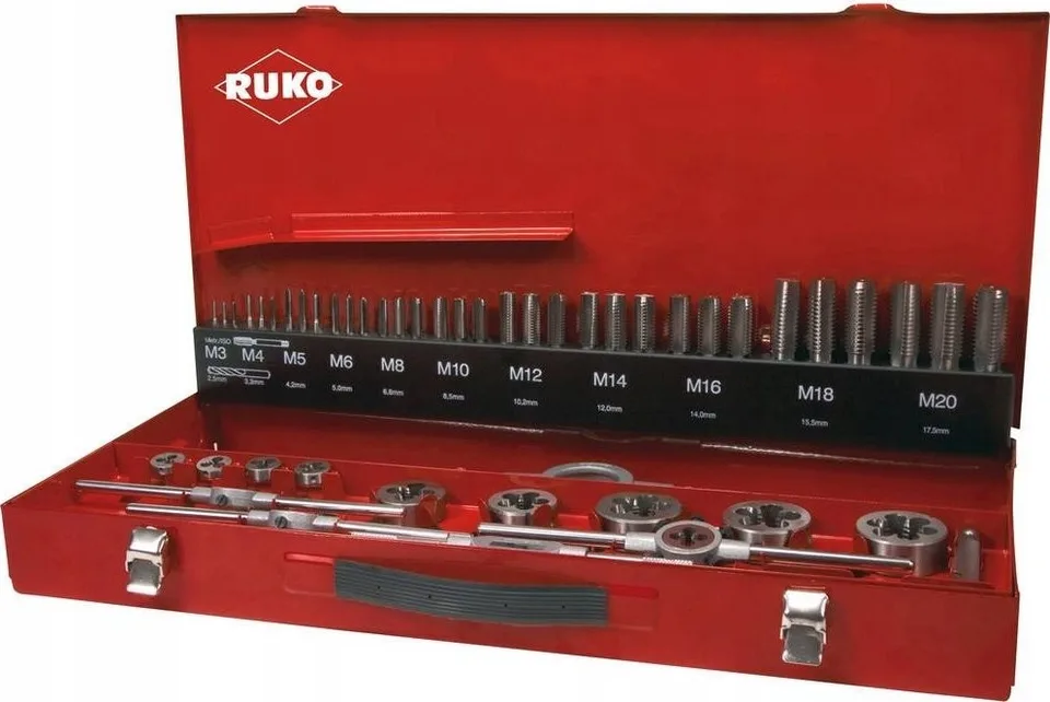 Sortiment an Gewindebohrern und Gewindeschneidern RUKO HSS M3–M20, 54-teilig