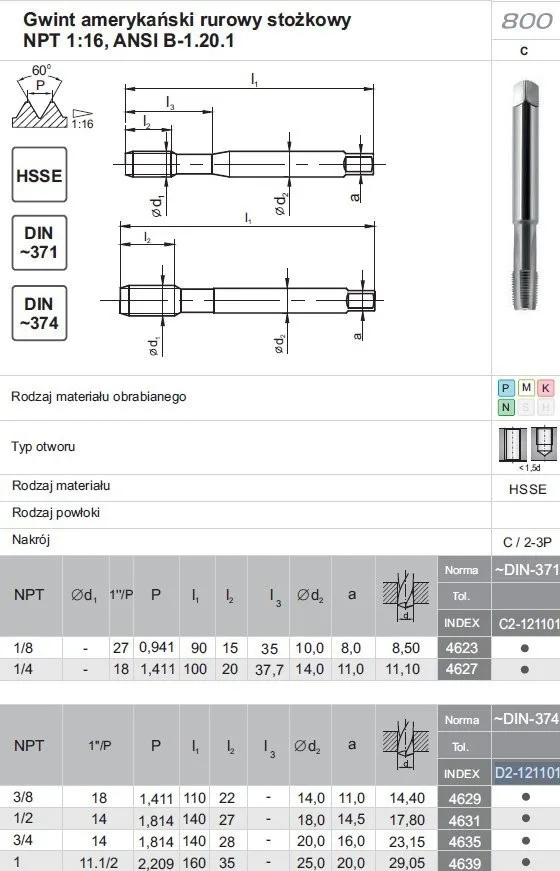 Fanar Gewindebohrer NPT 1"-11,5 DIN-374C HSSE 800