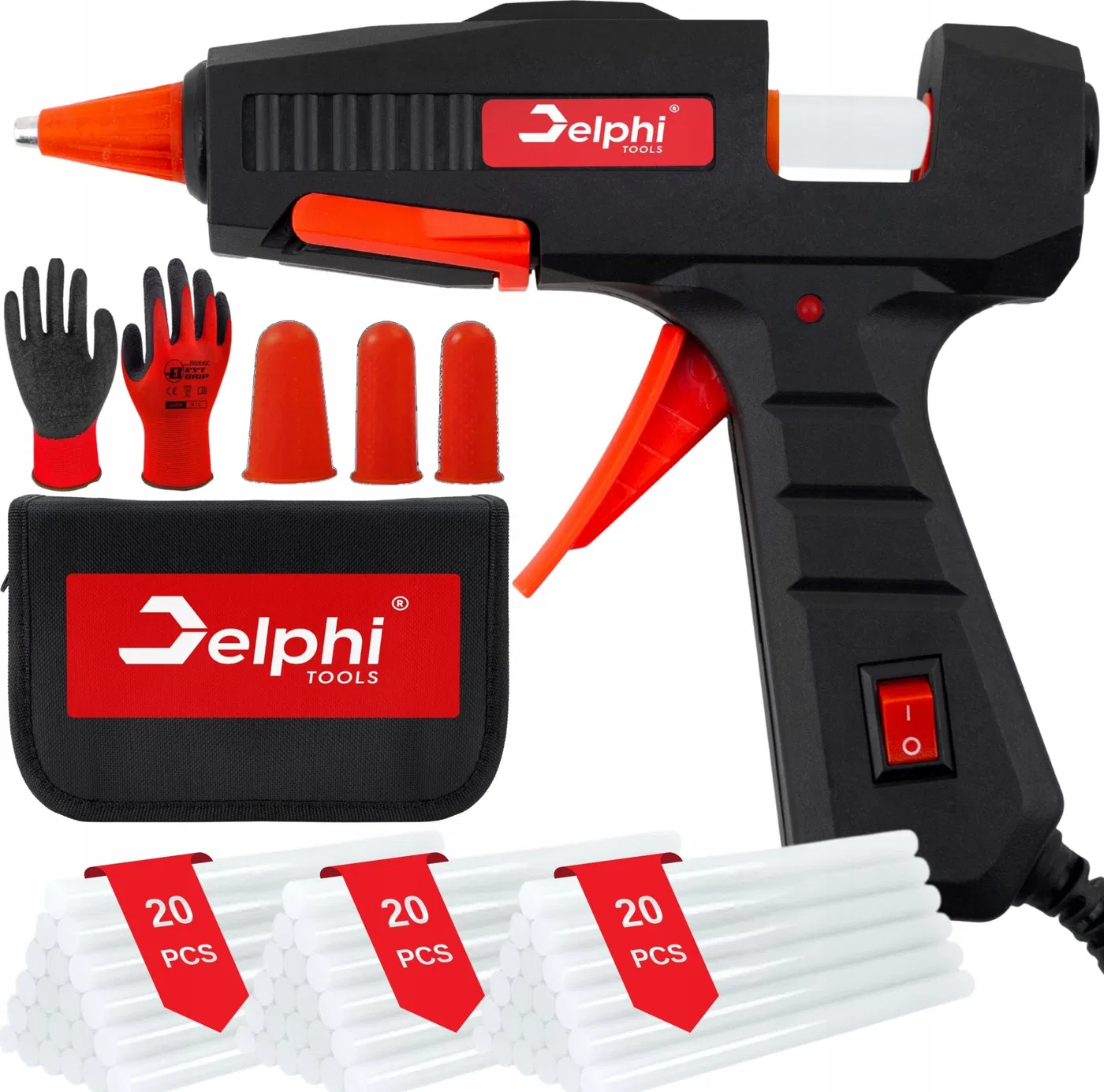 Heißklebepistole von Delphi Tools HEISSKLEBEPISTOLE ZUM KLEBEN 100 W 60 x 7-mm-Kartuschen LEISTUNGSSTARK