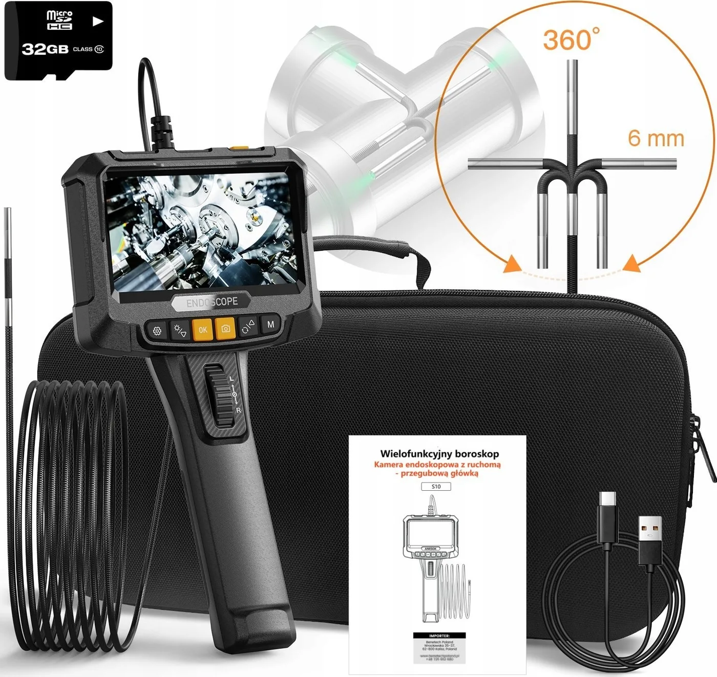 360°-Dreh-Inspektionsendoskop mit LED-Beleuchtung, SD-Bildschirm (32 GB), Schutzklasse IP67, 2 m Kabel, Kamera S10 (6 mm)