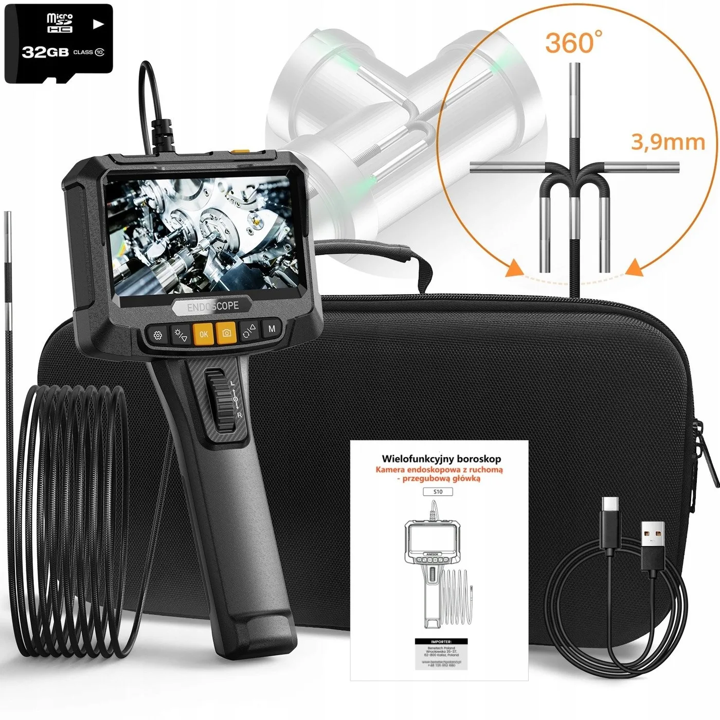 360°-Dreh-Inspektionsendoskop mit LED-Beleuchtung, 32-GB-SD-Karte, IP67-zertifiziert, 1 m Kabel, 3,9-mm-Kamera