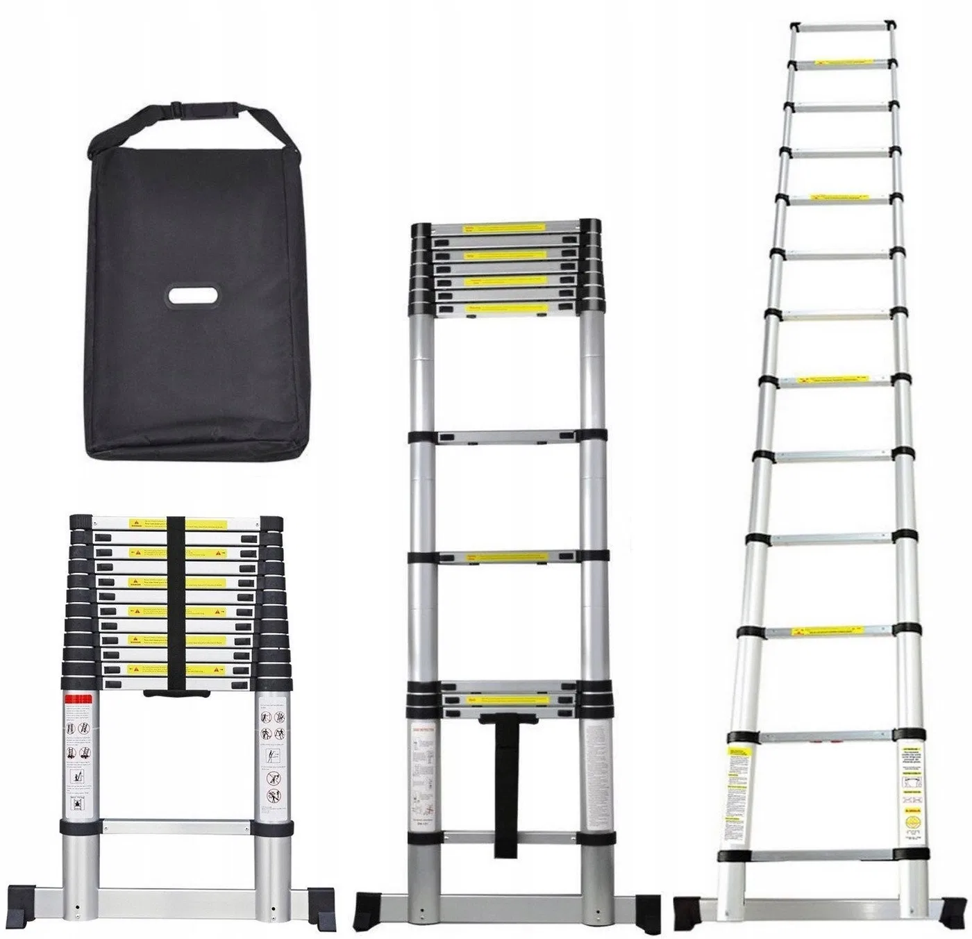 TELESKOPLEITER 3,8 m, Aluminium, ausziehbar + Stützfuß und Schutzhülle