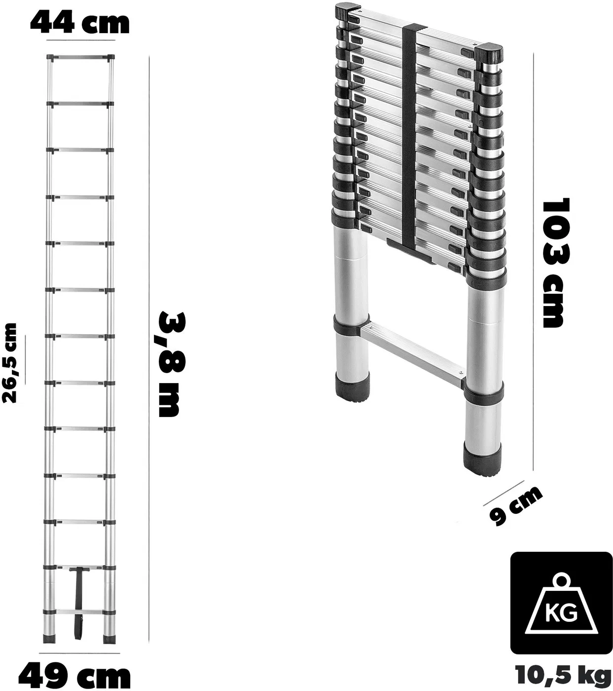 KADAX Aluminium-Teleskopleiter HOME 3,8 m, 13 Sprossen