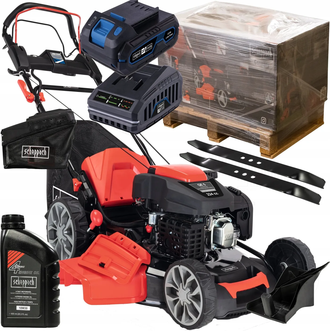 Scheppach Benzinrasenmäher Scheppach Benzinrasenmäher MS225-56E mit Elektrostart + Öl + Messer