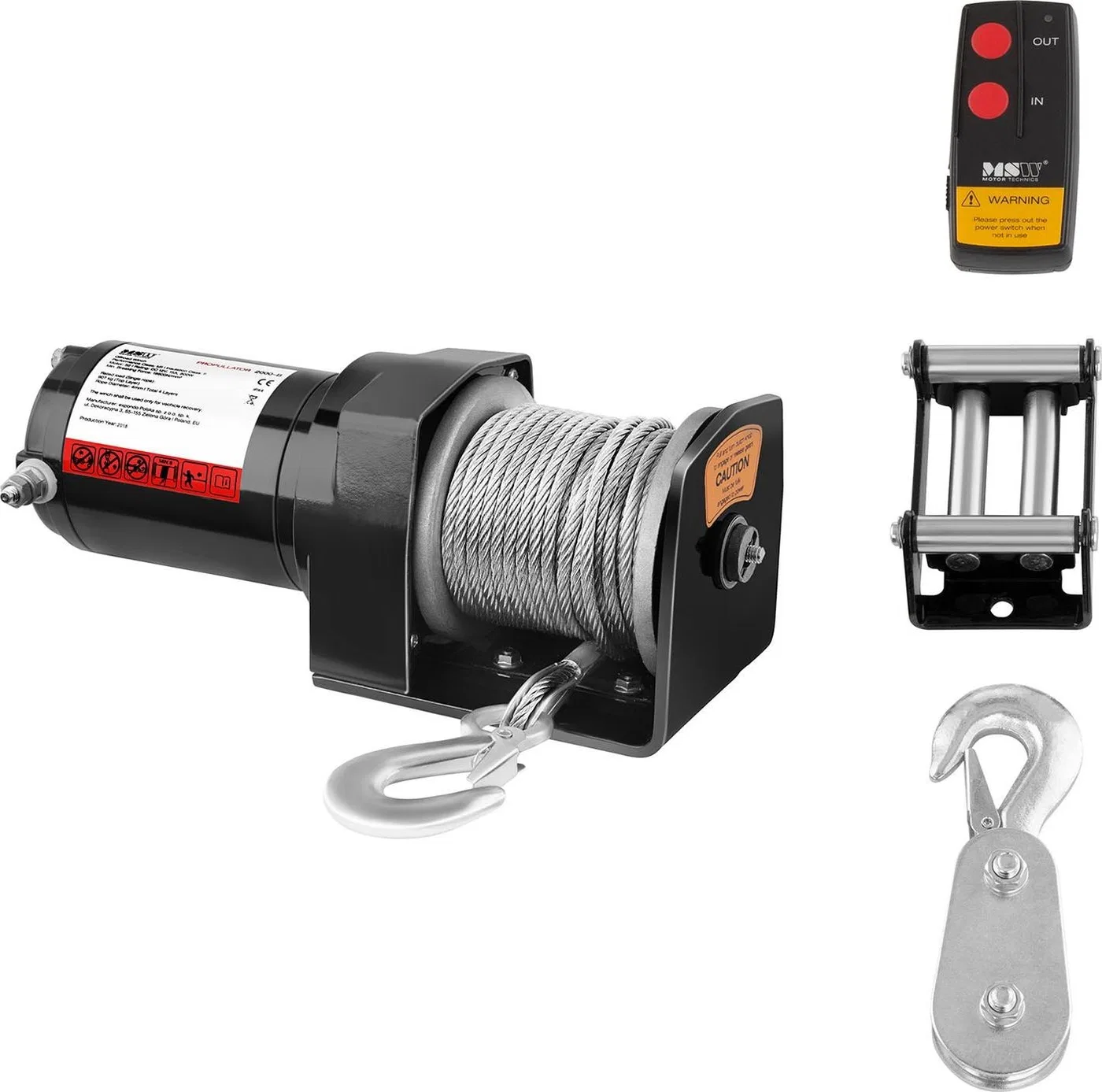 MSW Offroad-Seilwinde für Autos mit Fernbedienung, 15 m Seil, Zugkraft 907 kg + 2-fach-Block