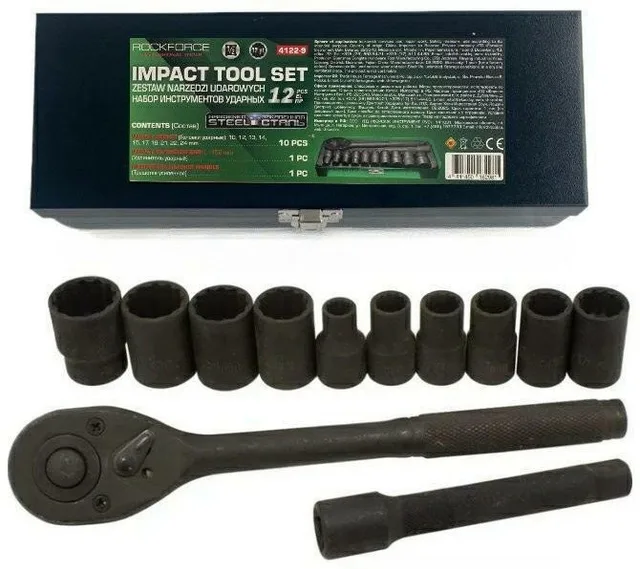 ROCKFORCE 12-teiliges Schlagschraubenschlüsselset, 1/2", 12-kant (10–24 mm)