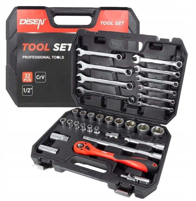 Werkzeugset mit Cr-V-Steckschlüsseleinsätzen 1/2" – 32-teilig