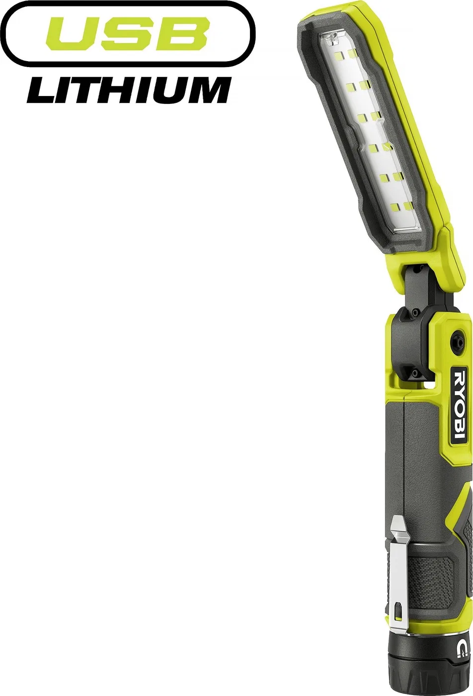 Akku-Werkstattleuchte RYOBI RLI4-0, 4,0 V, 100/250/650 lm, mit Magnet, ohne Akku.