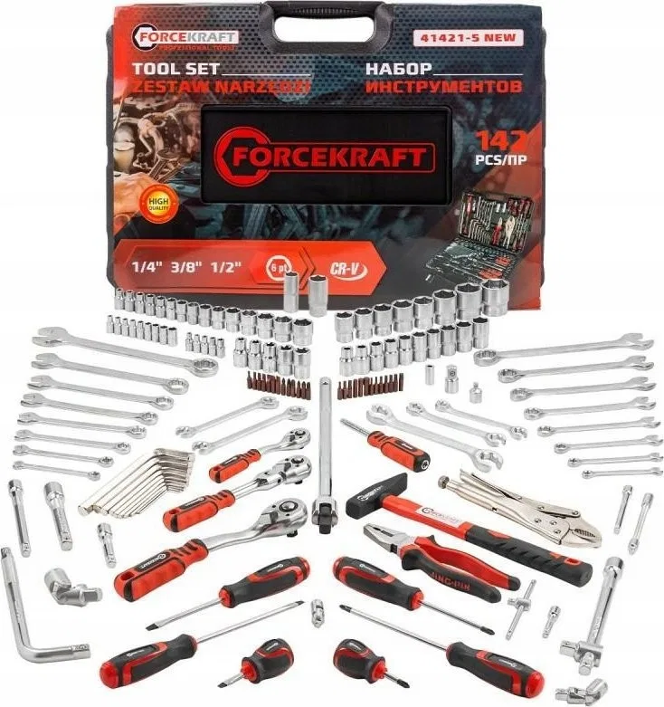 Forcekraft-Werkzeugsatz, 142-teilig, 1/4", 3/8", 1/2" (4–36 mm) (Sechskant)