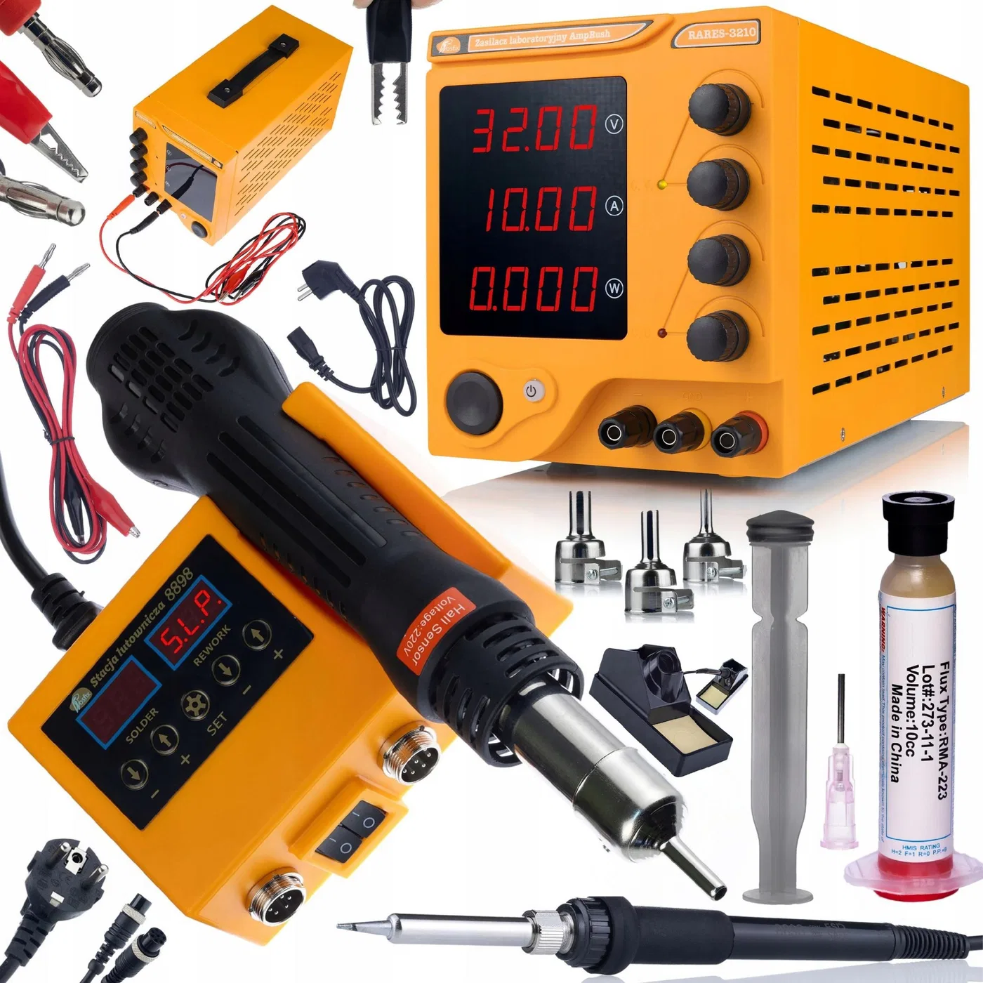 Labor-Netzteil AmpRush RARES-3210 32 V, 10 A + 2-in-1-Heißluft-Lötstation Orange Husky OH660 Serie Electric S + Flussmittel R