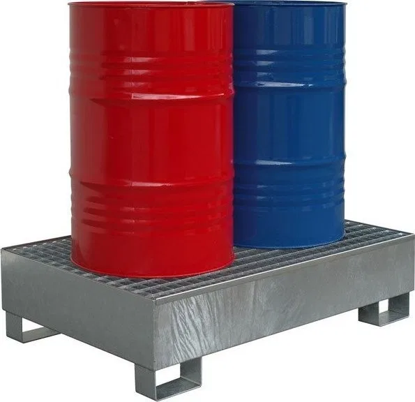 Topserw Stahl-Auffangwanne, verzinkt, mit Gitterrost für 2 Fässer mit einem Fassungsvermögen von 214 l, Maße: 1340 x 860 x 320 mm