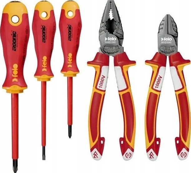 Felo-Werkzeugset Set mit 3 FELO-Schraubendrehern – ERGONIC VDE 4,0/PH1/PH2 + VDE-Seitenschneider 160 / VDE-Zange 180 + Magnet