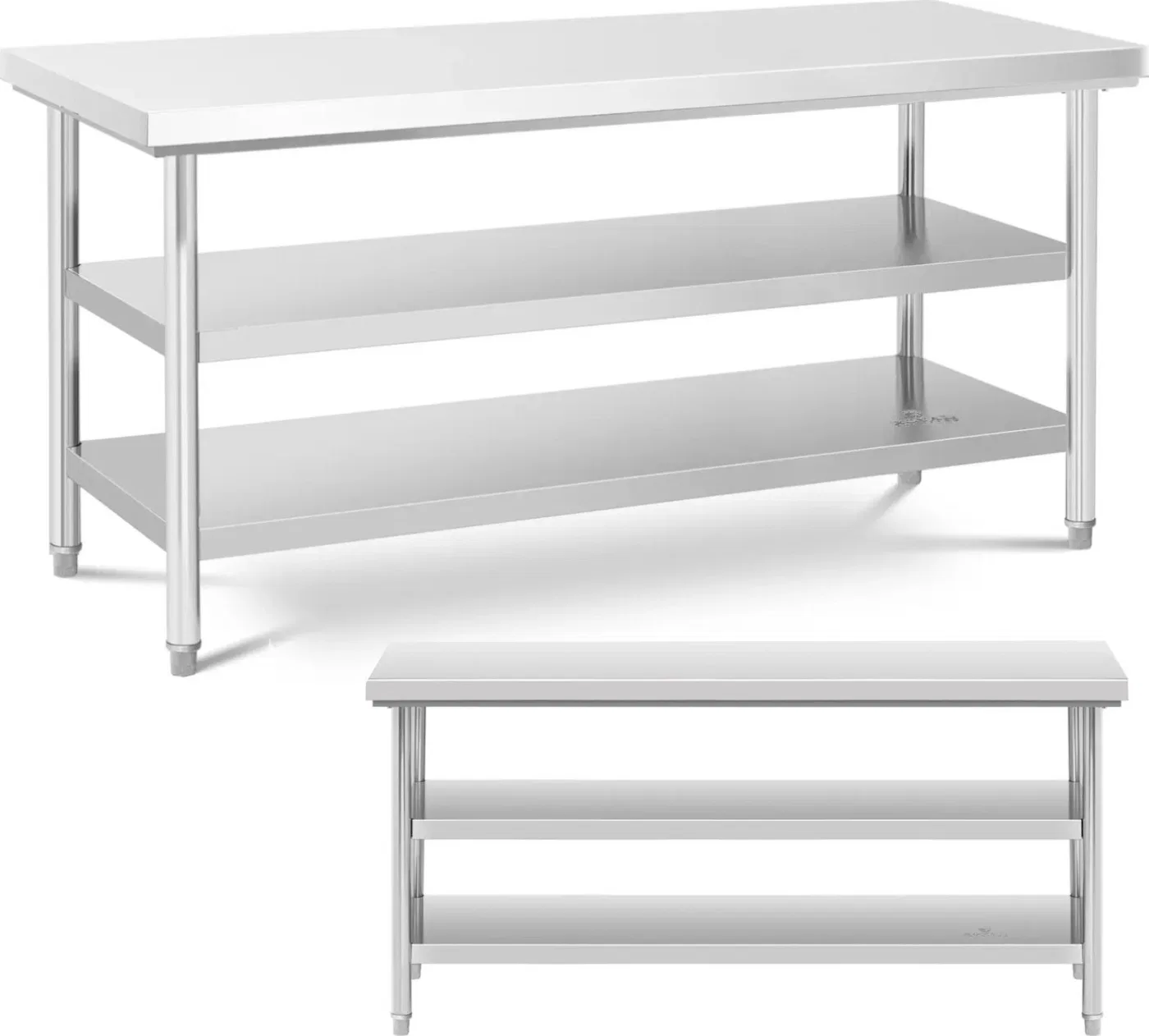 Royal Catering Arbeitsplatte aus Stahl, zentral, 2 Ablagen, 180 x 70 cm, bis 600 kg Arbeitsplatte aus Stahl, zentral, 2 Ablagen, 180