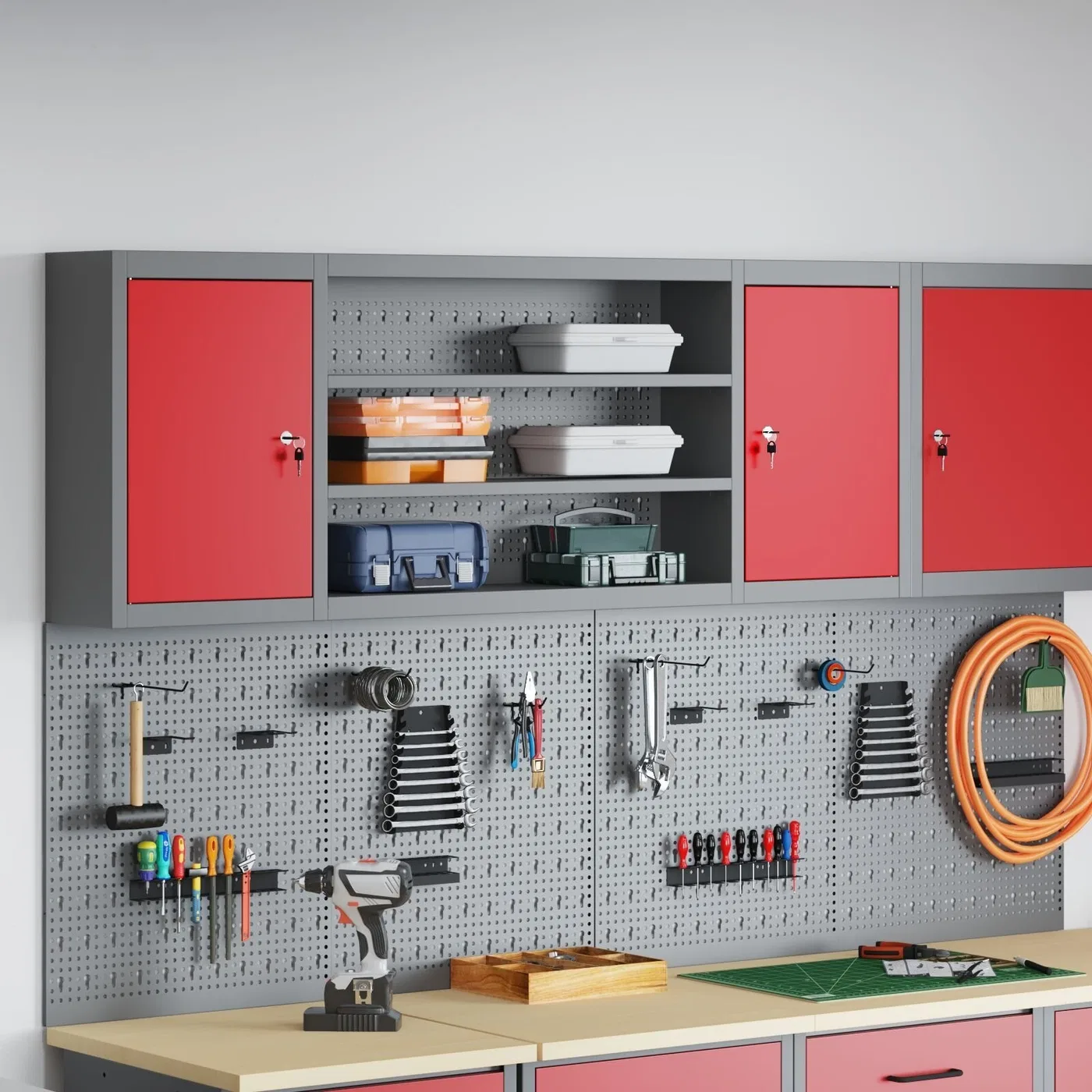 vidaXL Werkzeugschrank, grau, rot, kaltgewalzter Stahl