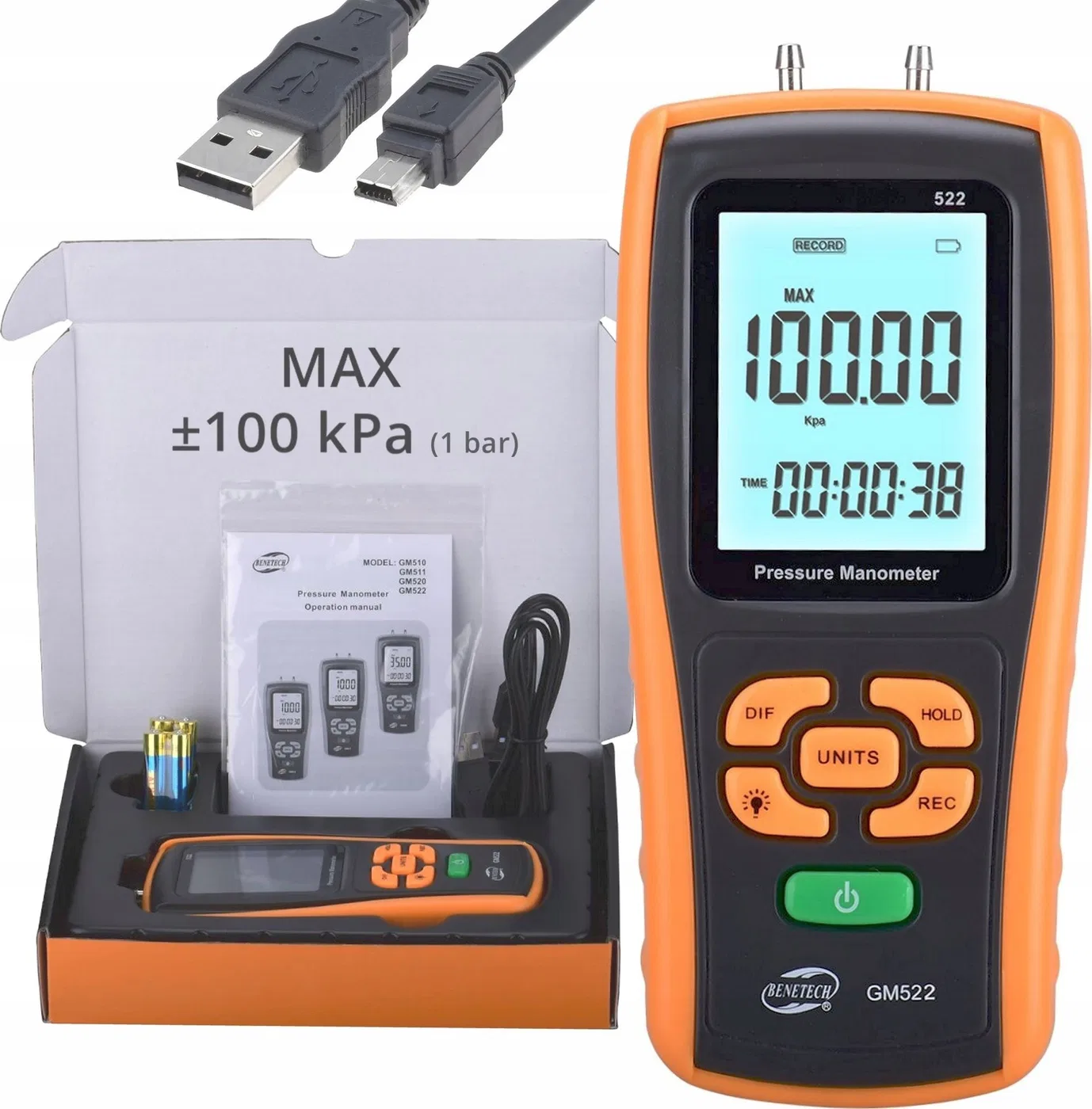 DIGITALES DIFFERENZDRUCKMESSGERÄT – DRUCKMESSER – UNTERDRUCKTESTER MIT USB-ANSCHLUSS, 100 kPa