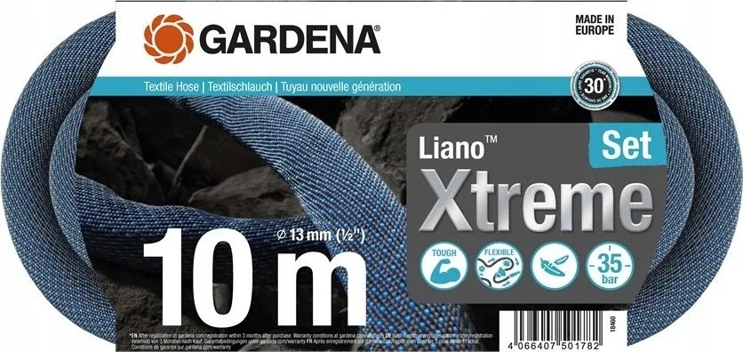 Gardena Gardena Textilschlauch Liano Xtreme 1/2, 10-Meter-Set (dunkelgrau/orange, Modell 2023, inkl. Spritzdüse, 2 Wasserhahnanschlüsse
