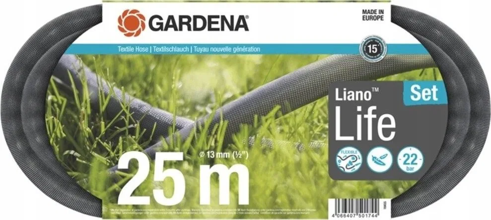 Gardena Gardena Textilschlauch Liano Life 1/2, 25-Meter-Set (dunkelgrau/orange, Modell 2023, inkl. Reinigungsdüse, 2 Wasserhahnanschlüsse