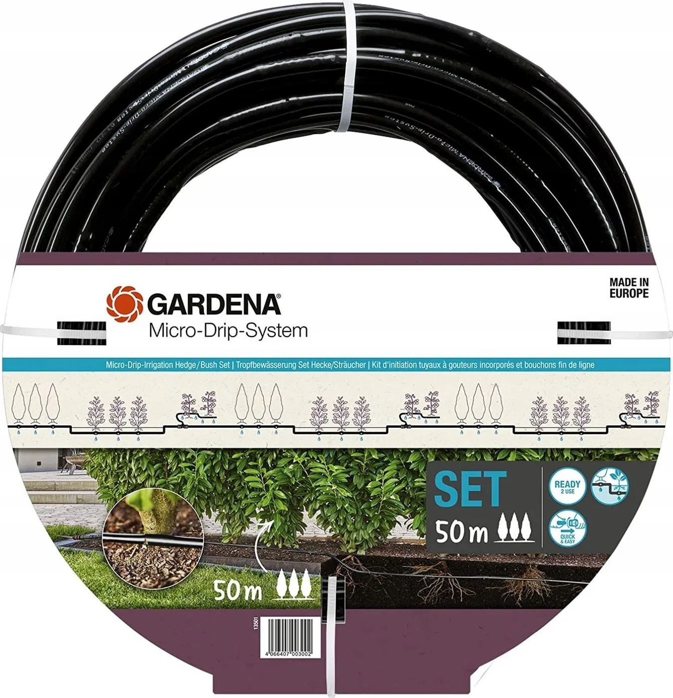 Gardena Gardena Micro-Drip-System Tropfbewässerungsset für Hecken/Sträucher, 50 Meter, Tropfer (schwarz, Modell 2023, ober- und unterirdisch)