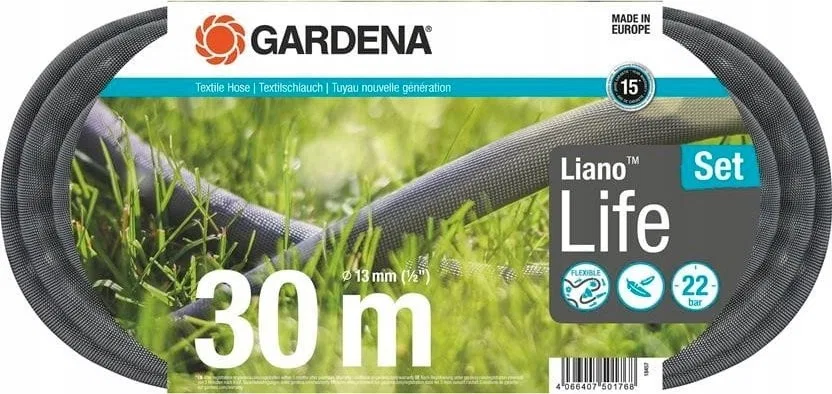 Gardena Gardena Textilschlauch Liano Life 1/2, 30-Meter-Set (dunkelgrau/orange, Modell 2023, inkl. Reinigungsdüse, 2 Wasserhahnanschlüsse