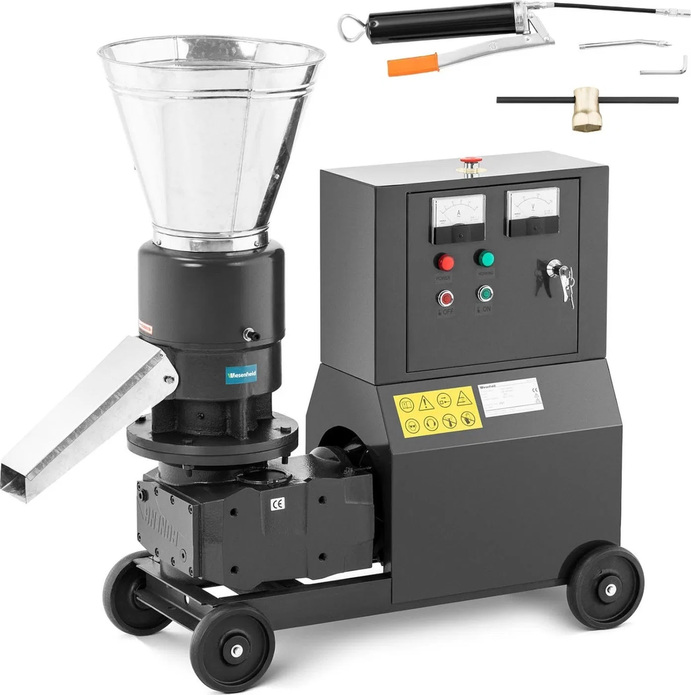Wiesenfield Pelletiermaschine, Granulator, Pelletmaschine für Sägemehl und Futtermittel, mobil, 7,5 kW, 400 V, 200 kg/h, Durchmesser 229 mm, Pelletiermaschine, Granulator