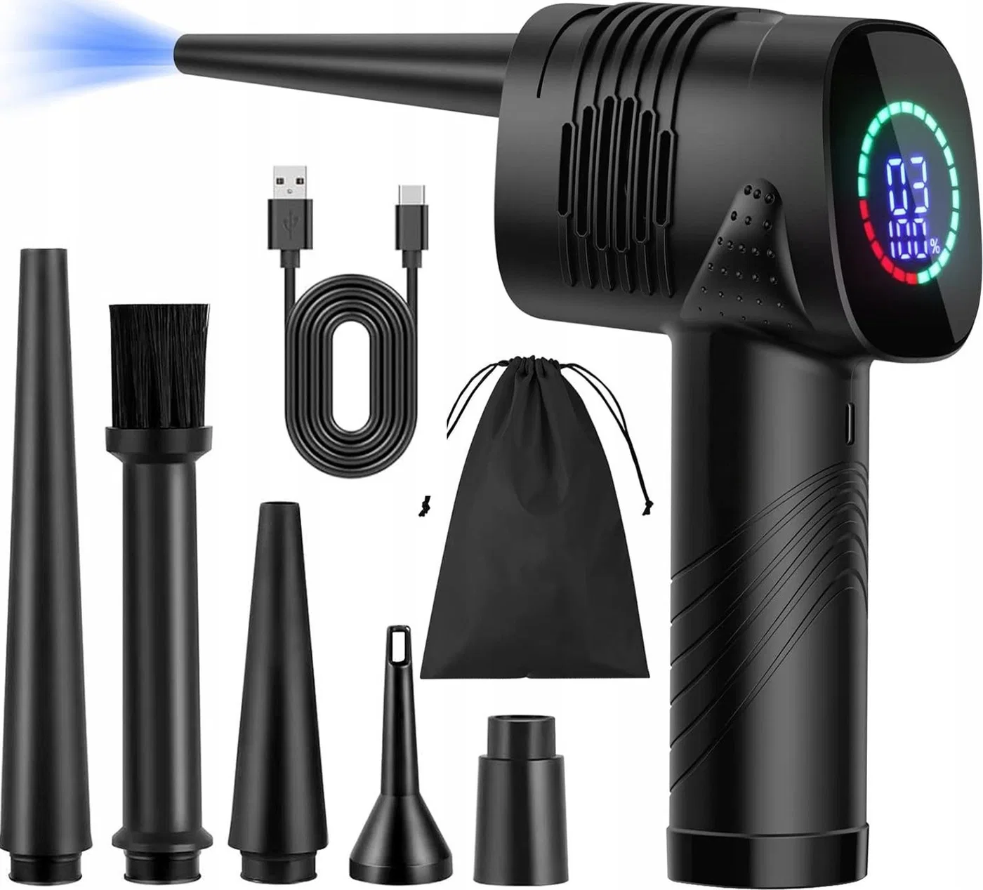 BÜRSTENLOSER AUTO-LÜFTER, 3 GESCHWINDIGKEITSSTUFEN, LEISTUNG 20–40 W, 2000-mAh-AKKU, 5 AUFSTECKDÜSEN, TYP-C-LADEBUCHSE