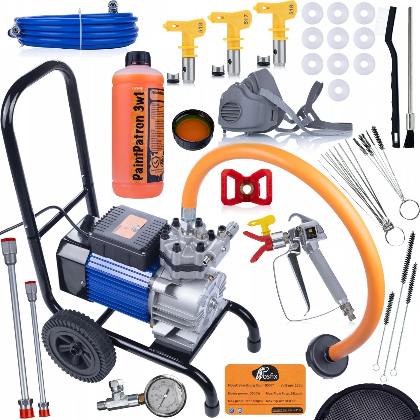 Rosfix Rosfix Farbspritzgerät Blue Strong Storm 3500 W, 22 MPa, 18 l/min + Flüssigkeit 1 l + Düse 519 + Düse 513 + 10 Dichtungen + Schutzmaske +