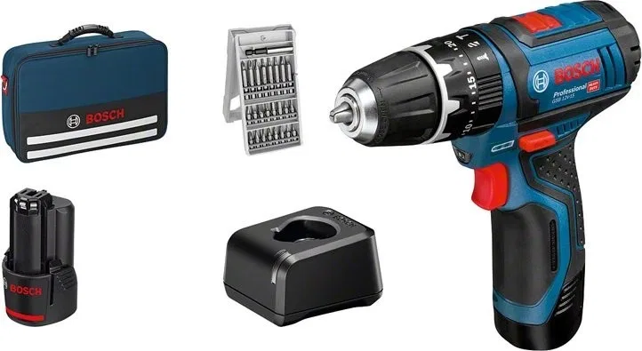 Bosch Akku-Schlagbohrmaschine GSB 12V-15 Professional, 12 Volt (blau/schwarz, 2 Li-Ionen-Akkus à 2,0 Ah, 25 Bits)