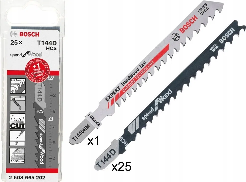 Bosch Professional 25x T 144 D + 1x Expert Hardwood Fast T 144 DHM Stichsägeblatt (für Holz, Hartholz, Stichsägezubehör)