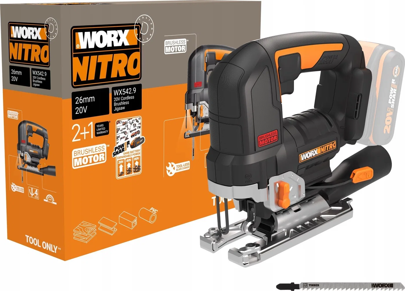 WORX-Stichsäge – bürstenlose Stichsäge WORX WX542.9 20 V, 26 mm