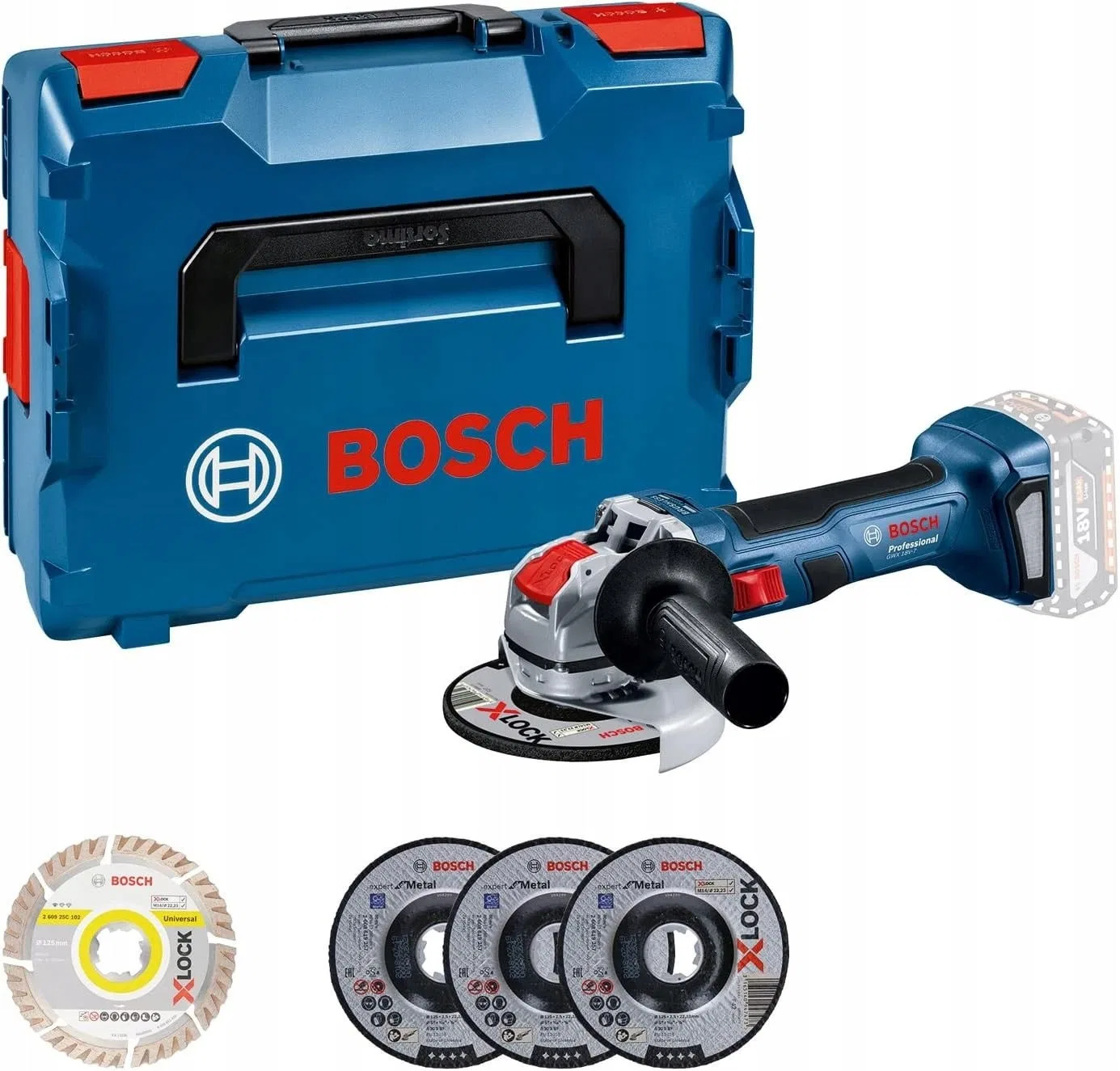 Bosch Professional GWX 18V-7 Set: Winkelschleifer, Scheiben, Schutzhaube, Griff