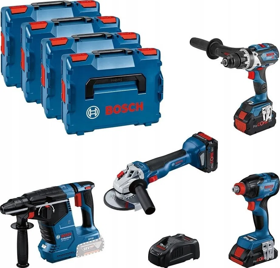 Bosch Professional 18-V-System-Kombi-Set: GSR 18V-110 C + GDX 18V-210 C + GWS 18V-10 + GBH 18V-24 C (inkl. 2x ProCORE 5-Akkus)