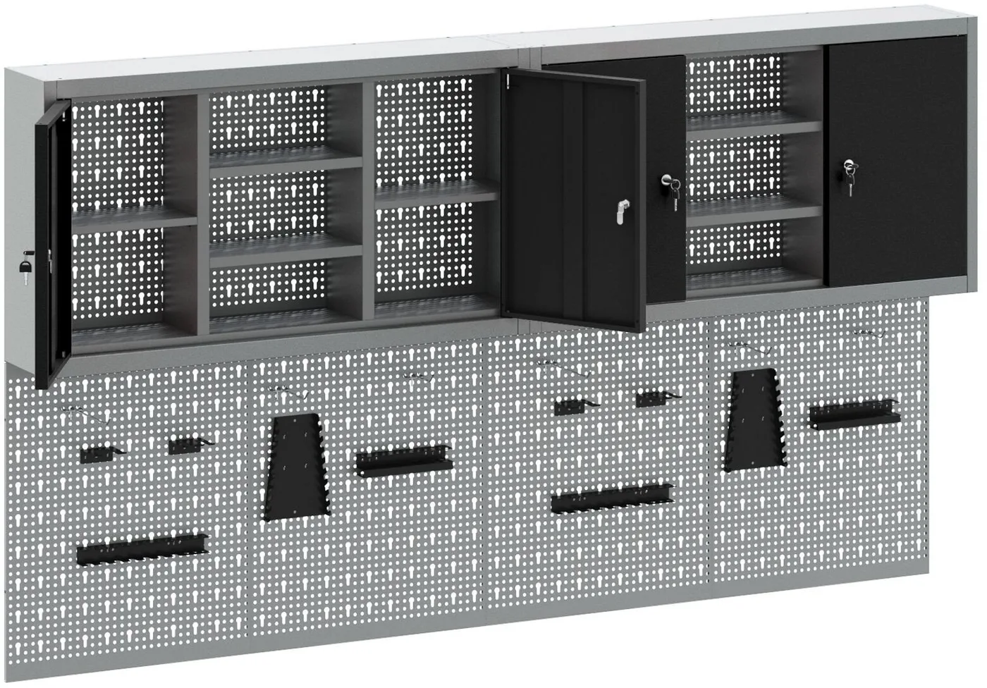 vidaXL Werkzeugschrank-Set, 4-teilig, grau und schwarz, Stahl, mit Haken