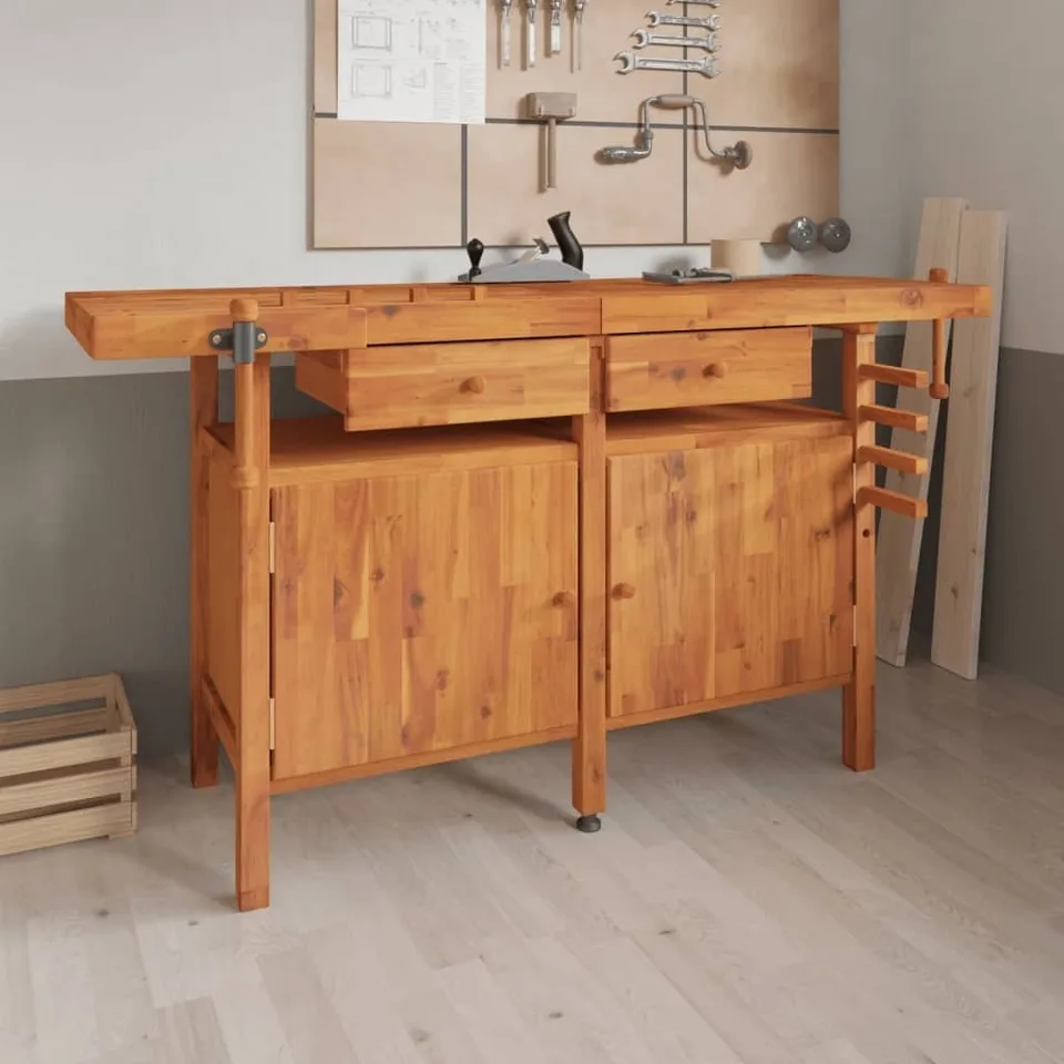vidaXL vidaXL Arbeitstisch mit Schubladen und Schraubstöcken, 162 x 62 x 83 cm, Akazienholz