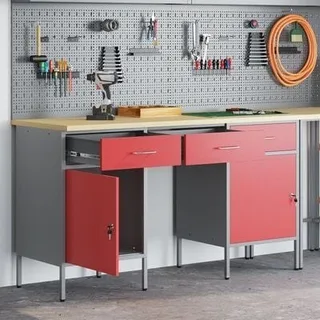 3-teiliges Arbeitszimmer-Set von vidaXL: Rote Schränke und ein Tisch aus Verbundholz und Stahl