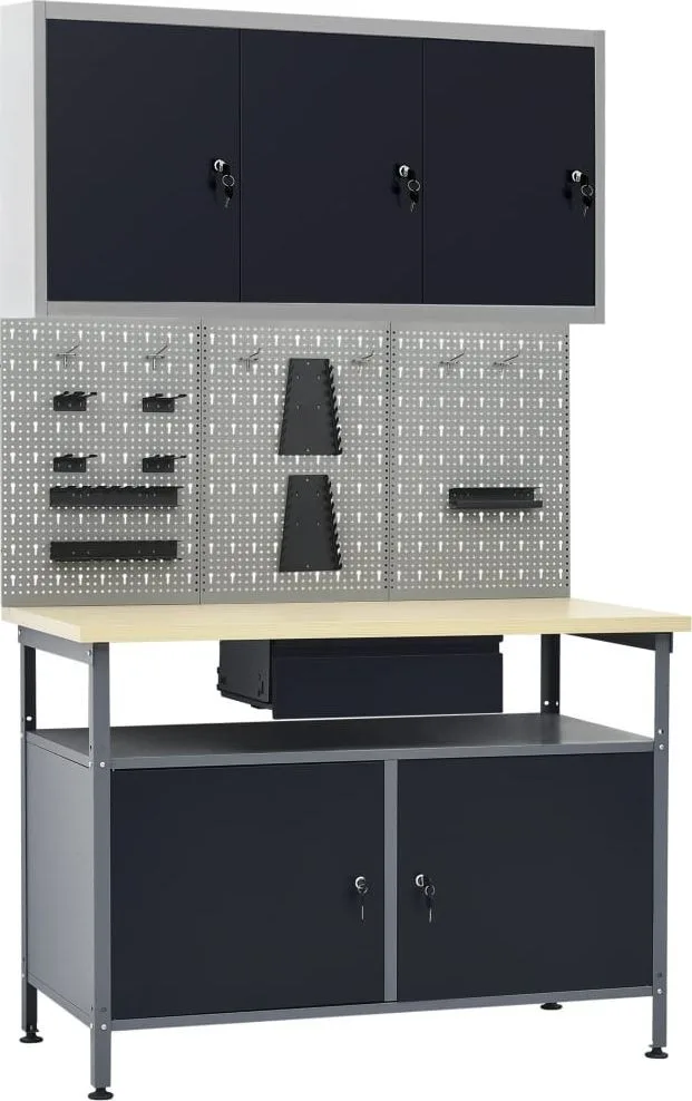 vidaXL Arbeitstisch mit drei Wandpaneelen und einem Schrank
