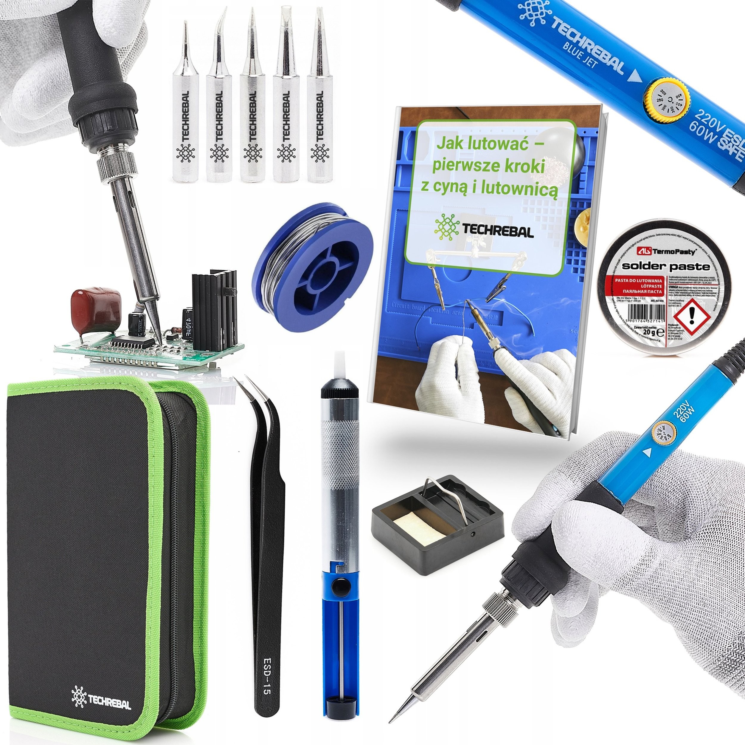 Set: 60-W-Lötkolben, 5 Lötspitzen, Absaugvorrichtung, Etui, Lötpaste, Zinn, ESD-Pinzette