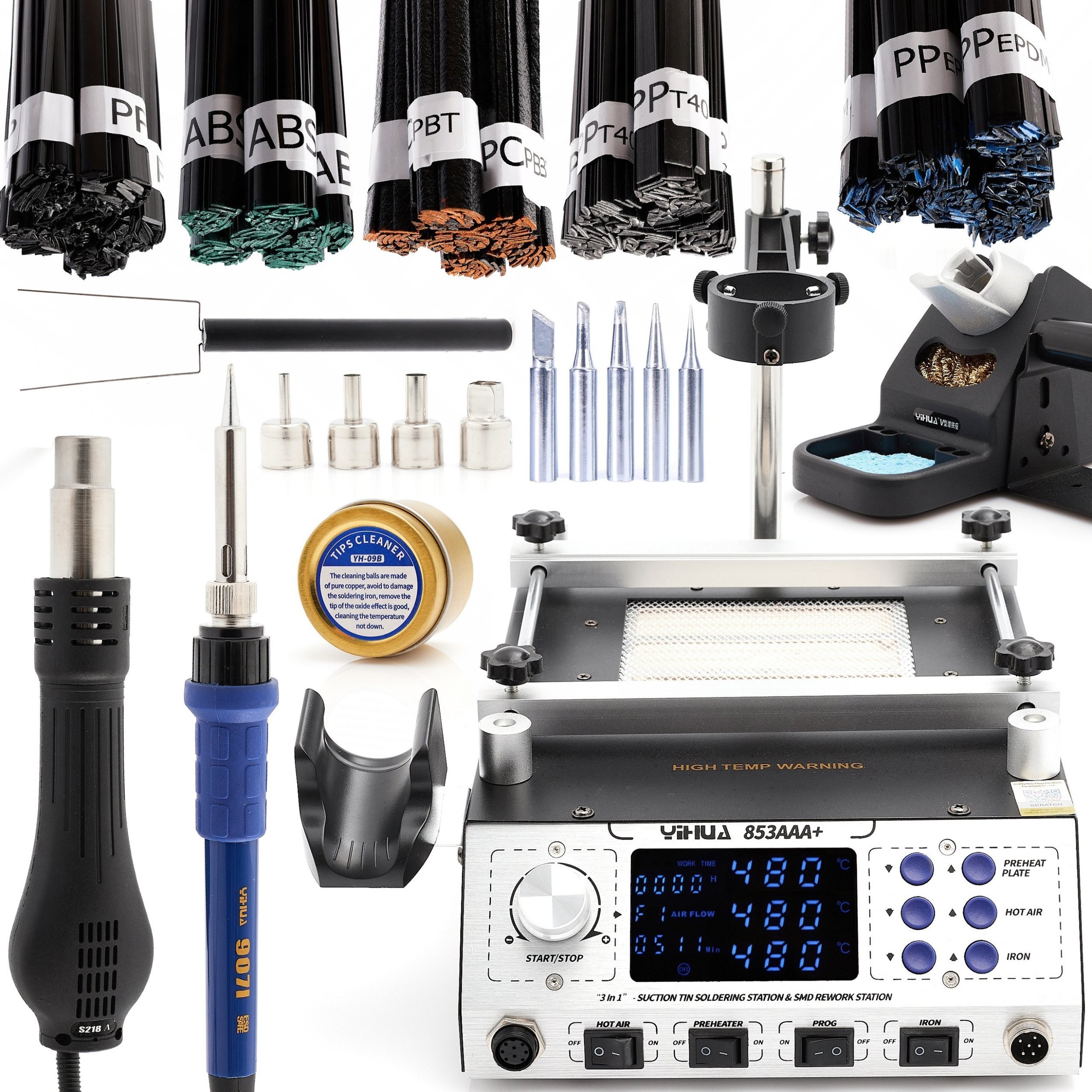 3-in-1-Lötstation Yihua 853AAA+ Set mit 10 Lötspitzen + 5 Lötzinn zu je 100 g von Techrebal