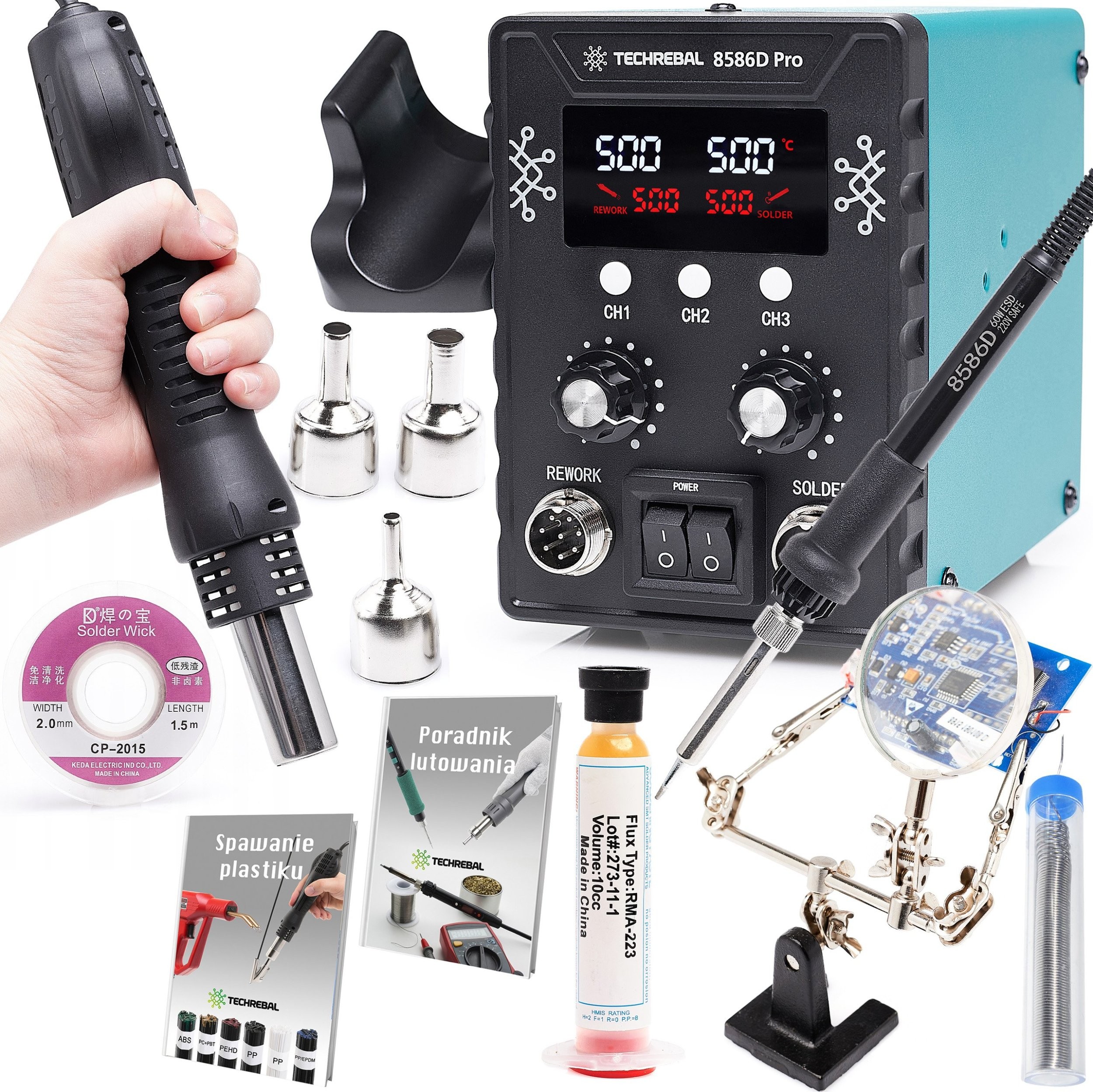 Set: 2-in-1-Heißluft-Lötstation mit Lötkolben Techrebal 8586 + Zubehör