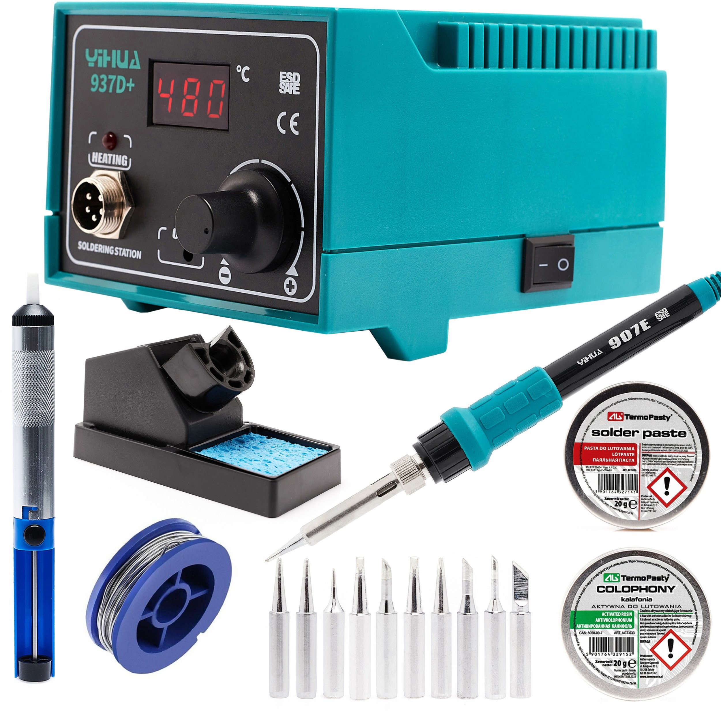 Set: Lötstation Yihua 937D+  Kolophonium, Lötpaste, Zinn, Absaugvorrichtung, 10 Lötspitzen
