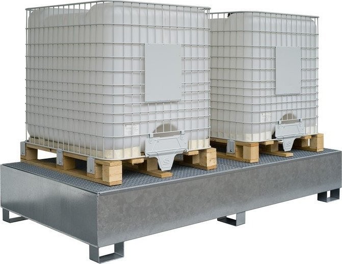 Topserw Stahl-Auffangwanne, verzinkt, mit Gitterrost für 2 IBC-Container, Maße 1300 x 2650 x 430 mm