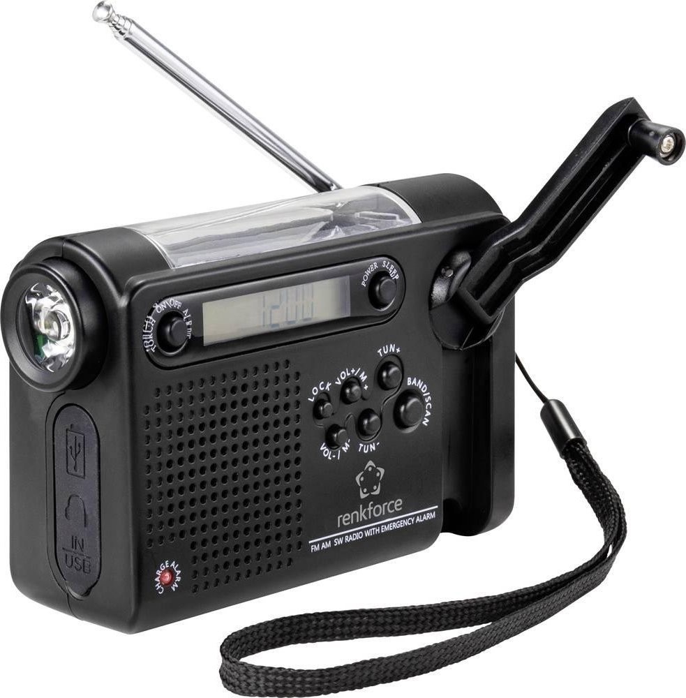 Renkforce RF-CR-200 Baustellenradio – UKW, MW, KW, wiederaufladbar, Solarpanel, Handkurbel, Weckfunktion, Tasche